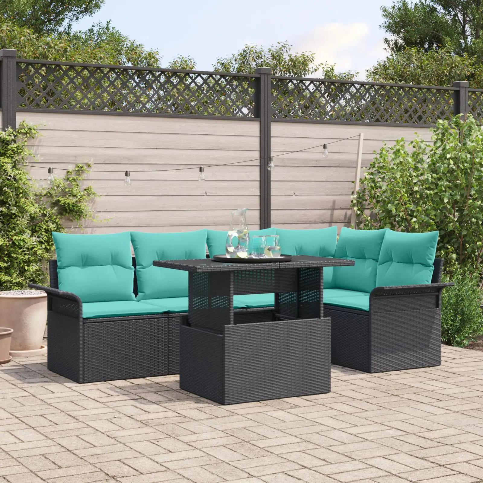 

6 Piece Outdoor Sofa Set with Cushions Black Rattan Furniture Garden Seating