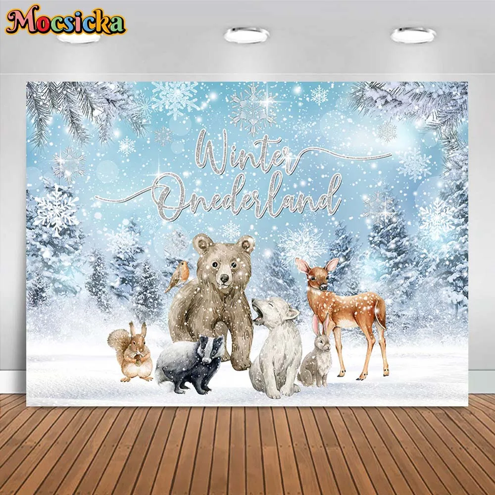 

Mocsicka Winter Forest Background Snow Scene Snowflake Animals Onederland Baby 1st Birthday Party Backdrop Banner Shooting Props