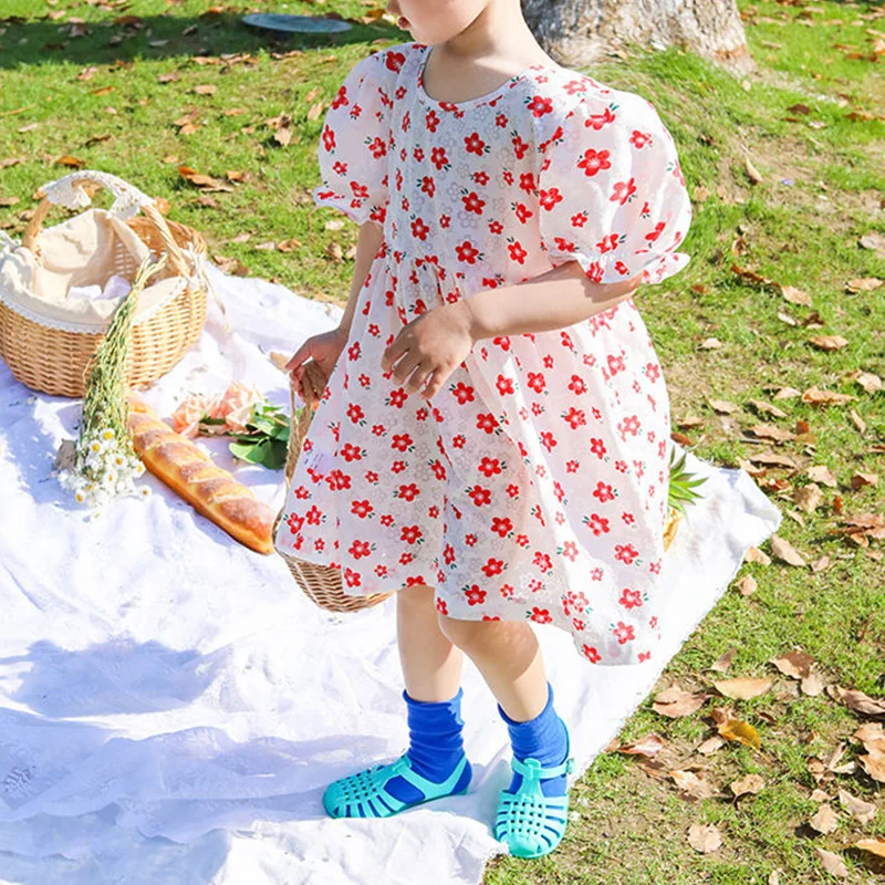 Korean Children's Clothing Summer Floral Printing Dresses Kids Sweet Style Round Neck Backless Short Sleeve Midi Dresses Girls