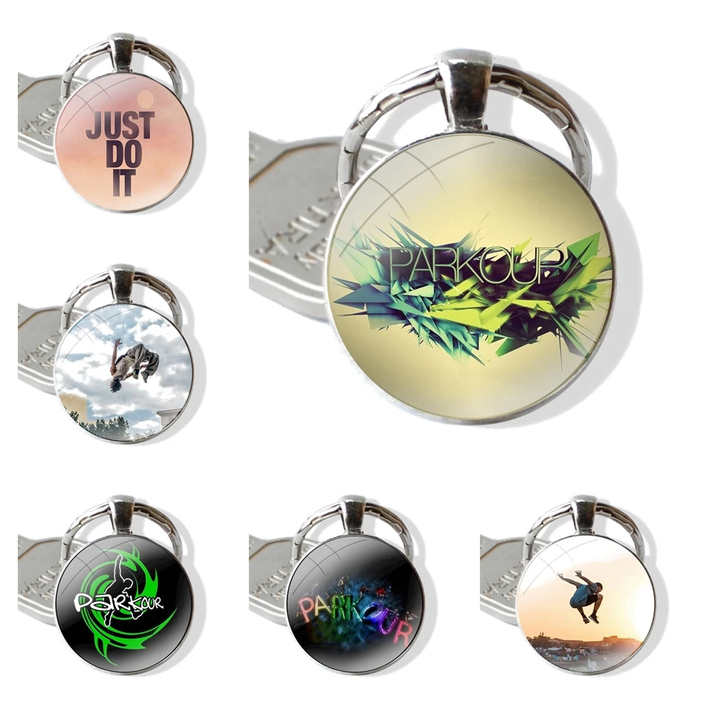 cool sports Parkour Keychain Handmade Glass Cabochon Key Ring Holder Pendant Key Chains