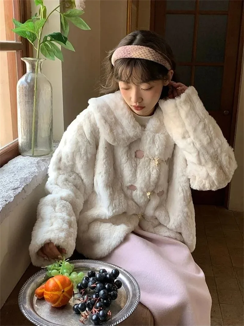 Japanese Sweet Girl Style Doll Neck Plush Autumn and Winter Thickened Warm Loose Set Environmental Friendly Short Coat for Women