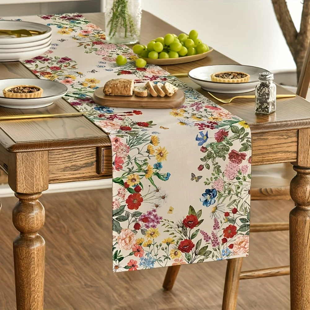 Linen Floral & Butterfly Table Runner | Elegant Decor for Anniversary, Wedding & Home Party