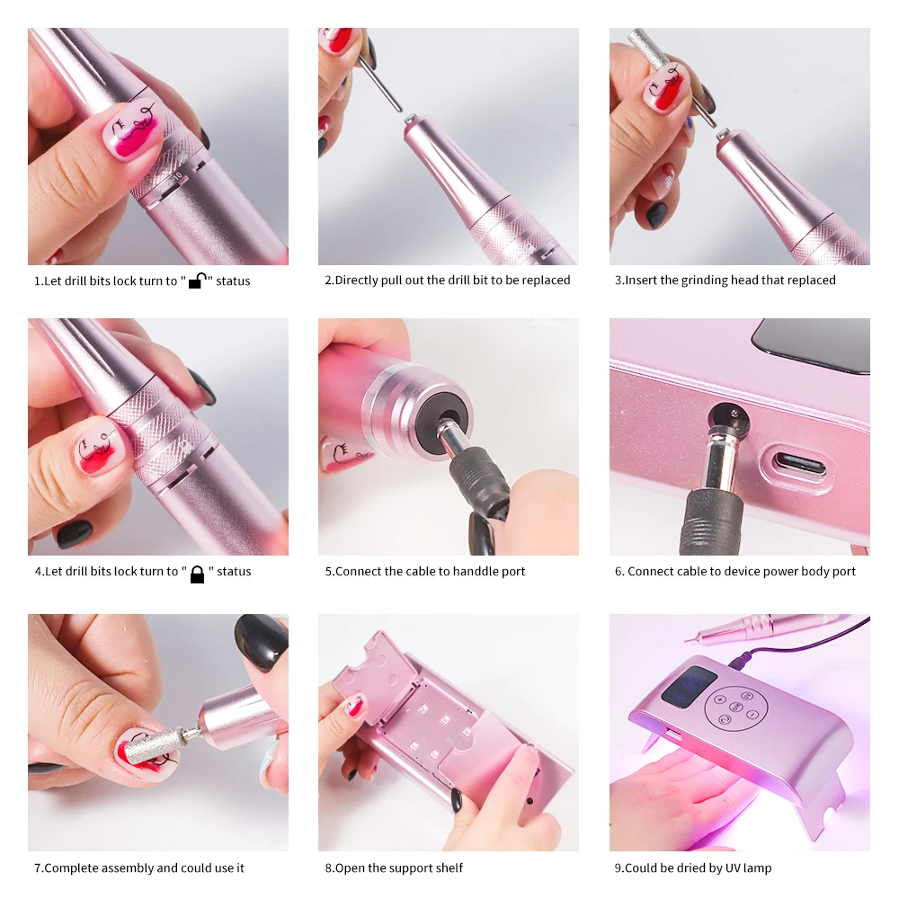Taladro eléctrico funcional para uñas y lámpara LED UV, máquina 2 en 1, pulidor de uñas recargable de 35000 RPM, práctico regalo artístico para manicura