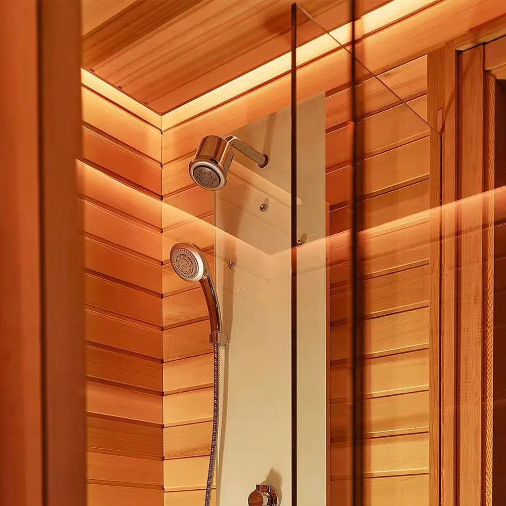 Customized Red Cedar Shower Room Combined with Lounge Outdoor Traditional Dry Sauna