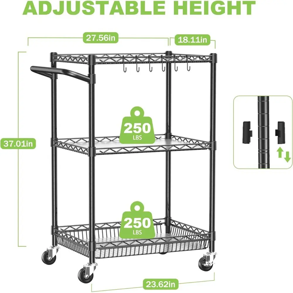 Carrinho utilitário de metal resistente de 3 camadas com rodas, capacidade de 750 libras, organizador de cozinha ajustável para uso interno e externo