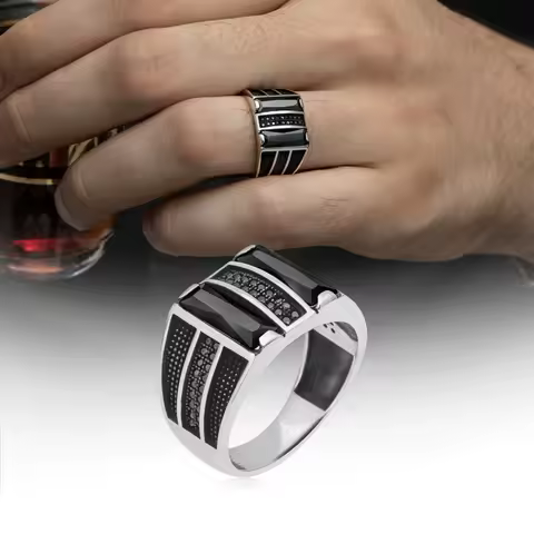 Vintage Silver Plated Stainless Steel Zircon Ring for Men Black Face Jewelry Accessory Wholesale Size 7-13
