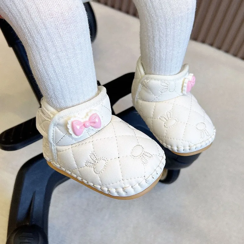 

Girl's Soft Sole Toddler Walking Shoes Winter Fleece Lined Warm Shoes Thickened Pink Bowknot Baby Shoes Non Slip Magic Tape
