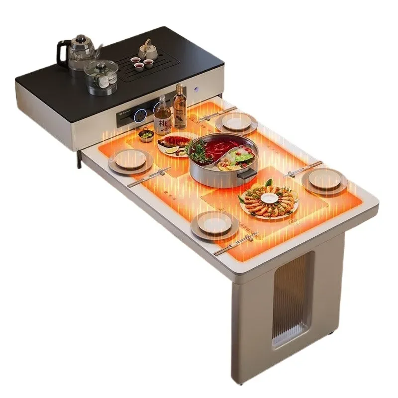 Compact Extendable Dining Table with Built-in Induction Cooktop Space Saving Kitchen Island for Small Apartments