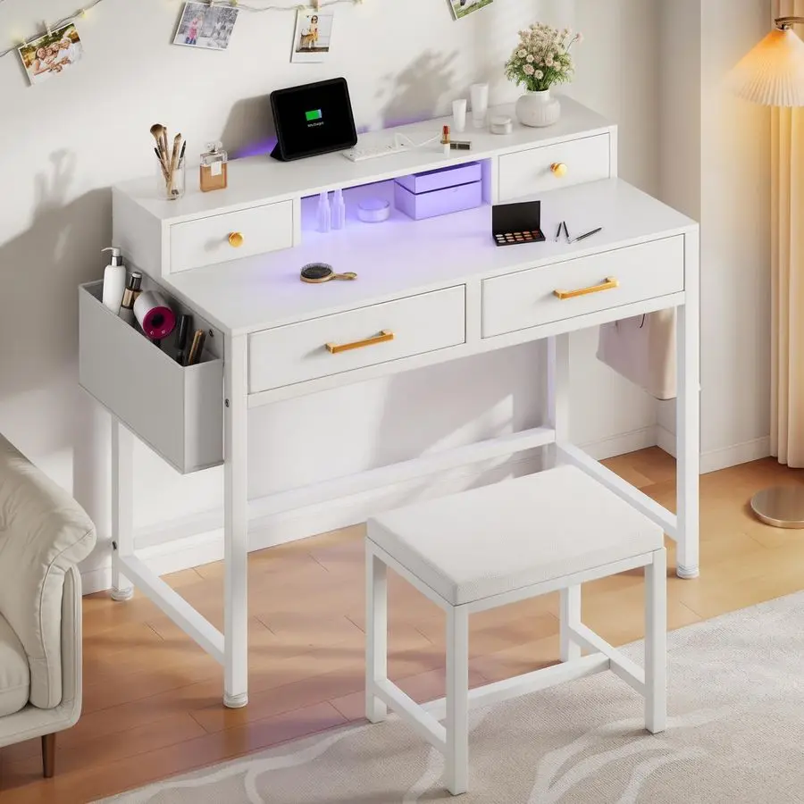 

YITAHOME Vanity Desk with Lighted Strip Charging Station, Makeup Table with 4 Drawers and Padded Stool, Mirror Not Included