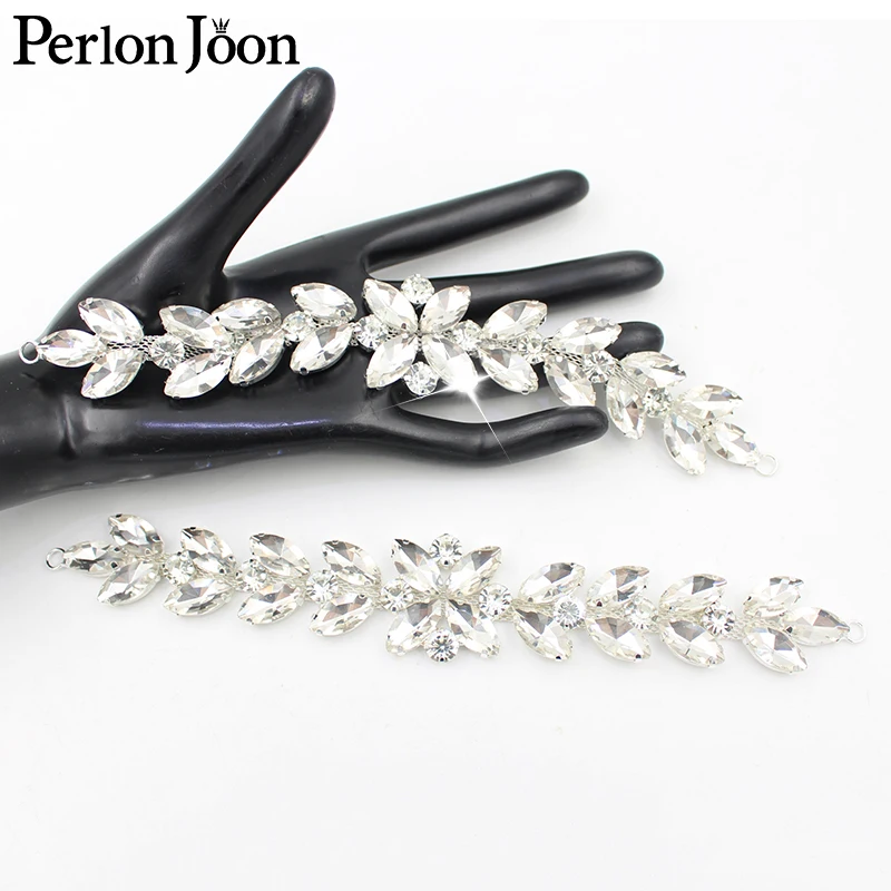 Branches leaves silver color crystal applique white glass rhinestone decorative patch sewn on shoes wedding accessories  YHZ043