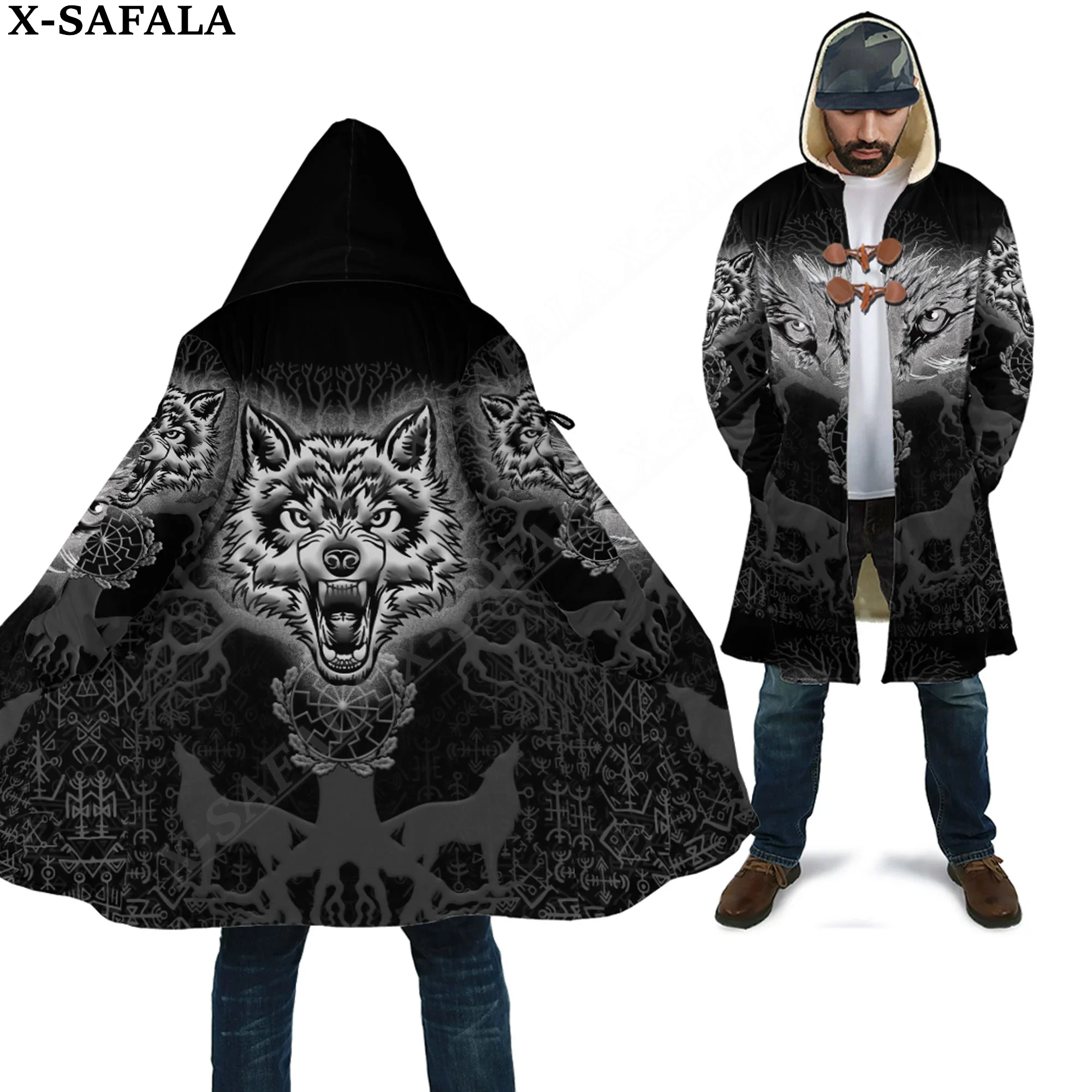 Wolf And Tree Tattoo Symbol Viking Odin Overcoat Coat 3D Print Thick Warm Hooded Cloak  Men Windproof Fleece Unisex-3