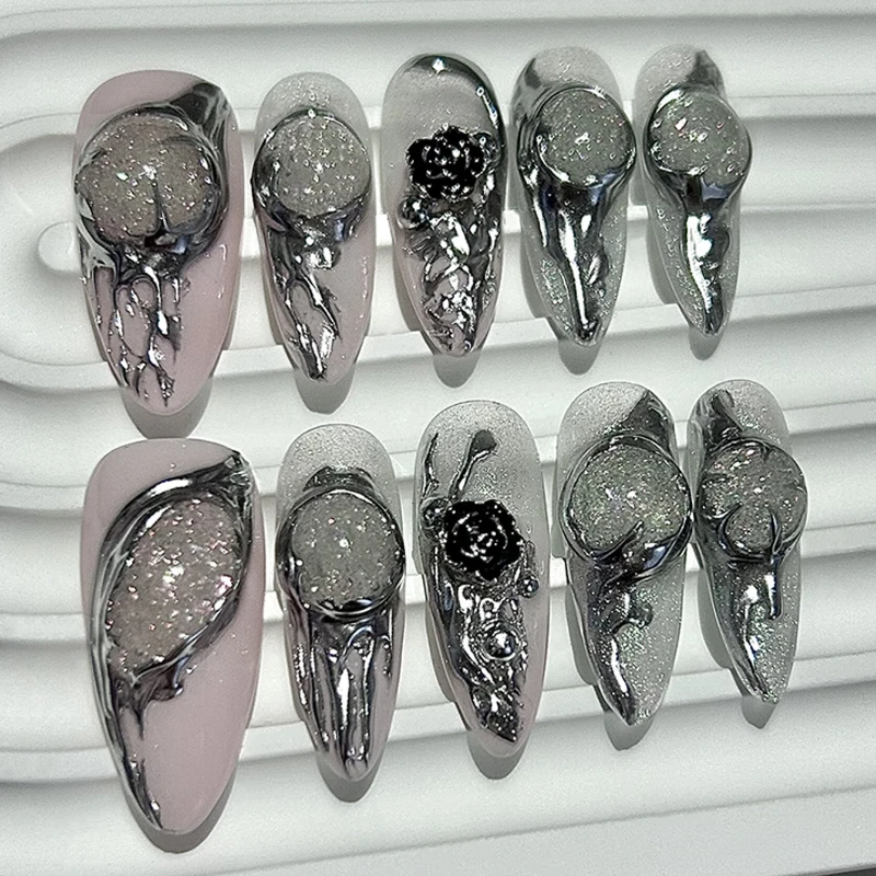 10 ชิ้นโกธิคกุหลาบ Y2K ทำด้วยมือกดบนเล็บแวววาวแวววาวโลหะเครื่องเทศโลหะเล็บปลอมที่ถอดออกได้