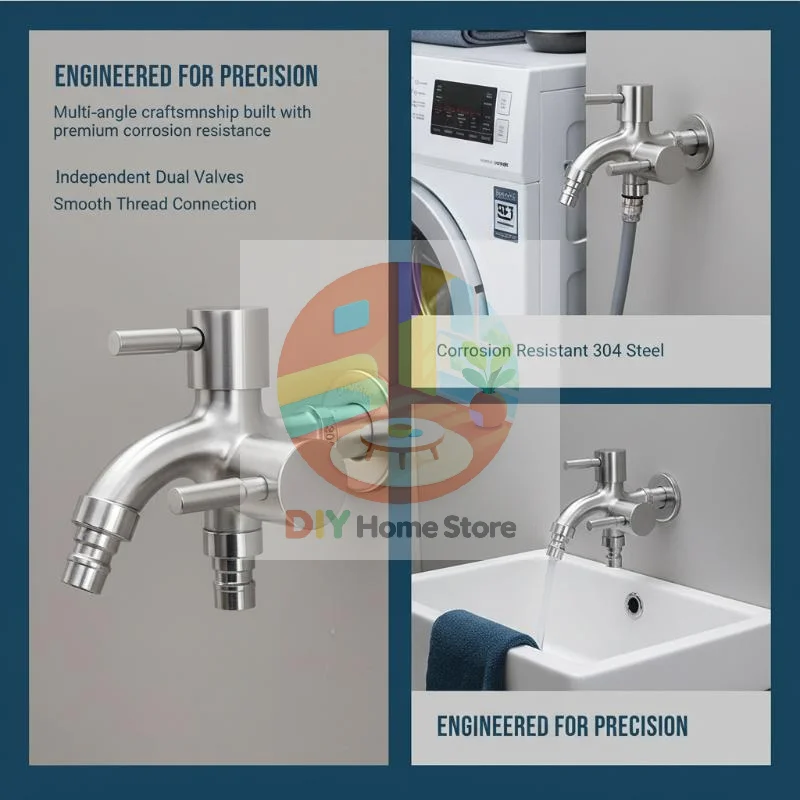 Stainless Steel Faucet 304 Food Grade Dual Outlet Hot Cold Water Tap for Kitchen Sink Bathroom Easy Installation