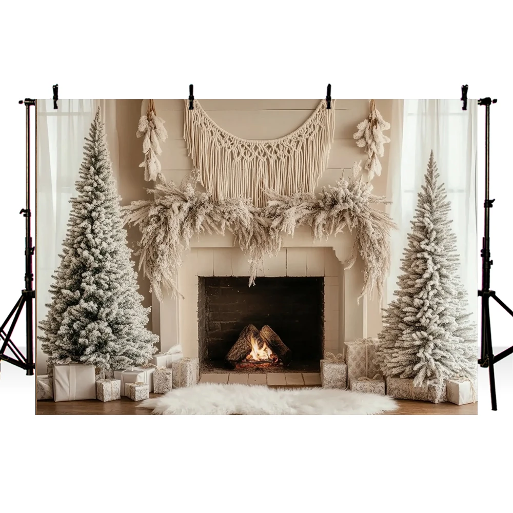 Mehofond Christmas Photography Background Winter Boho Fireplace Window Xmas Tree Kids Family Portrait Decor Photo Backdrop