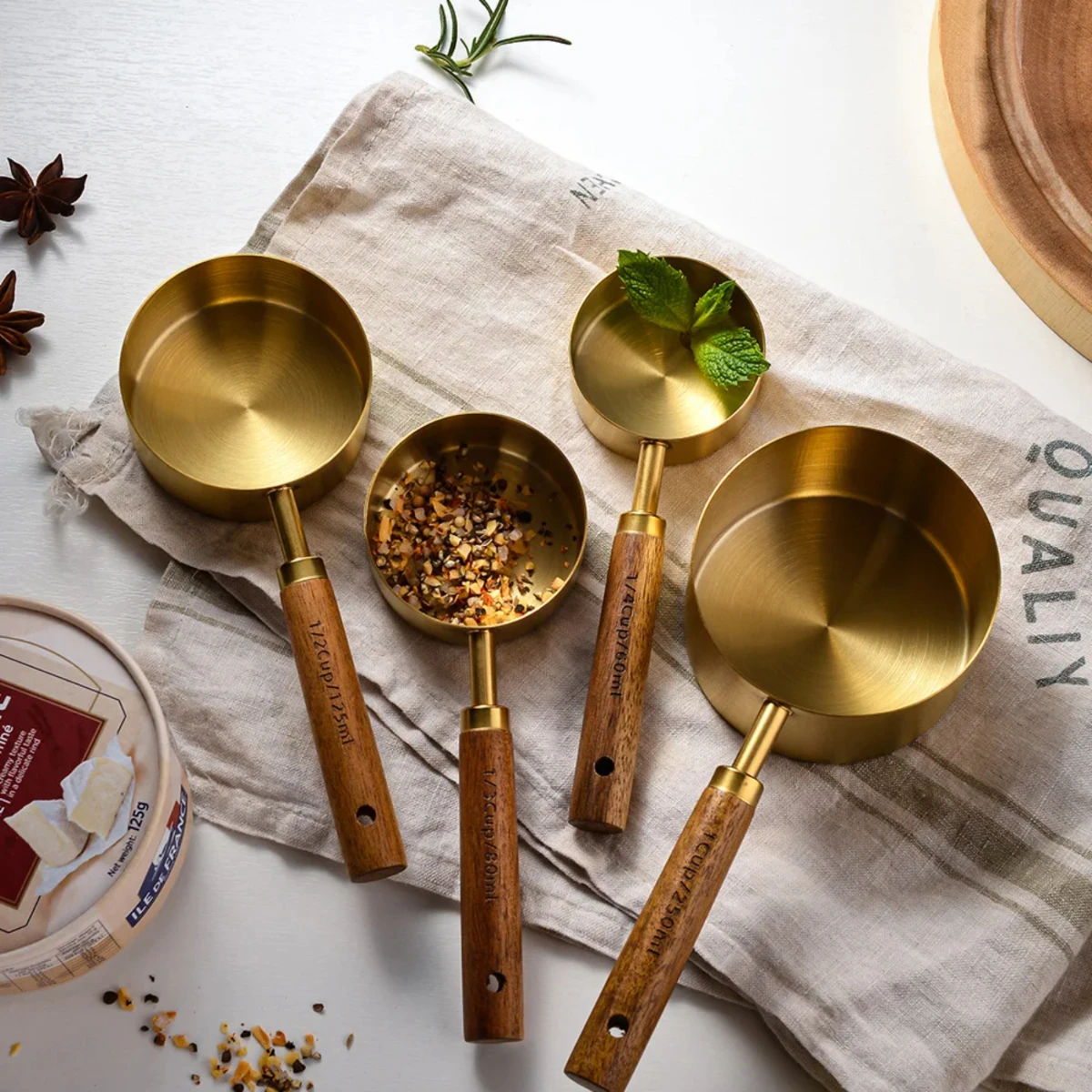 Measuring Spoon Set Wooden Handle Stainless Steel Measuring Cups Spoons Baking Tools Coffee Bartending Scale Kitchen Accessories