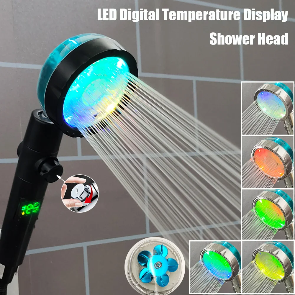 

Black Silver Led Shower Head High Pressure With Stop Button Digital Display Screen Temperature Sensor Shower Head for Bathroom