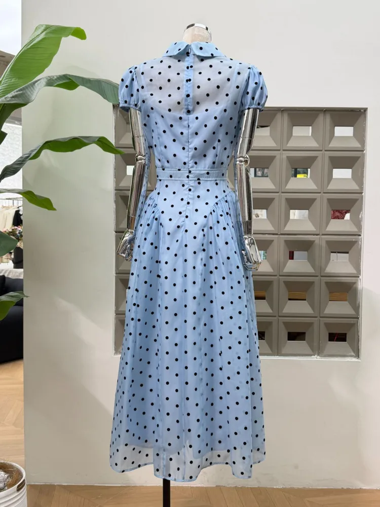DFDG Women’s 2025 New Retro Polka Dot Sheer Dress Spring Summer Vintage Polo Collar Fashion Slender Long Elegant Design Dress