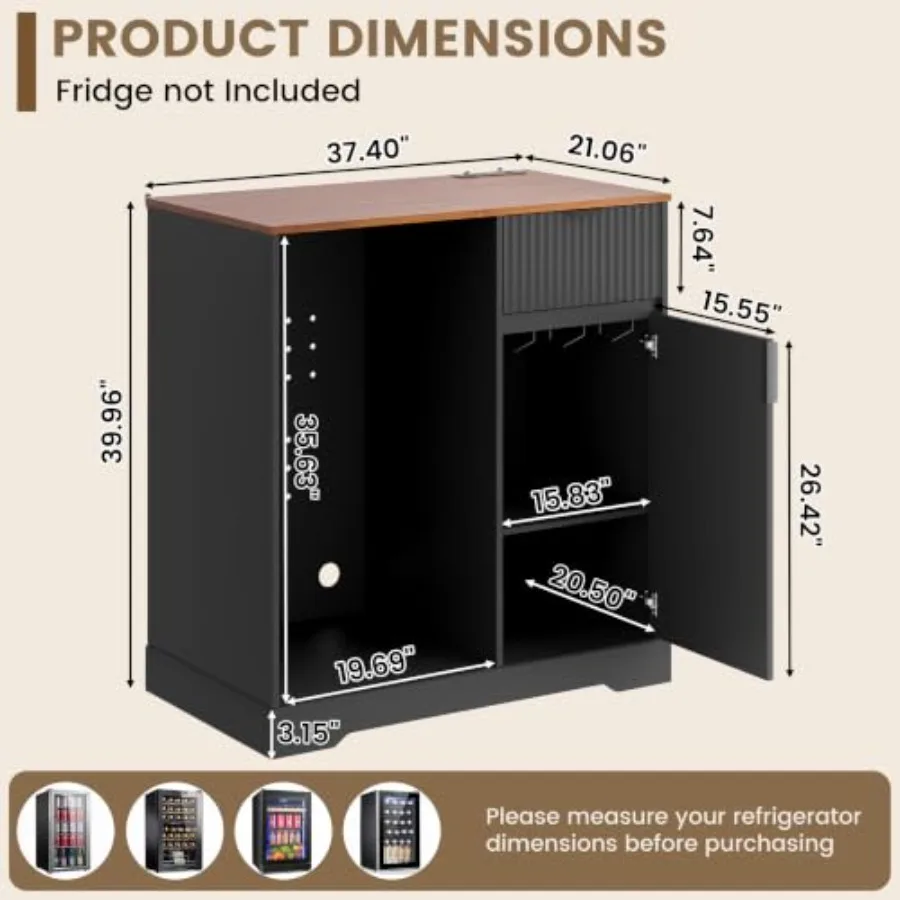 Mini Fridge Cabinet with Power Outlet, Fluted Coffee Bar Cabinet