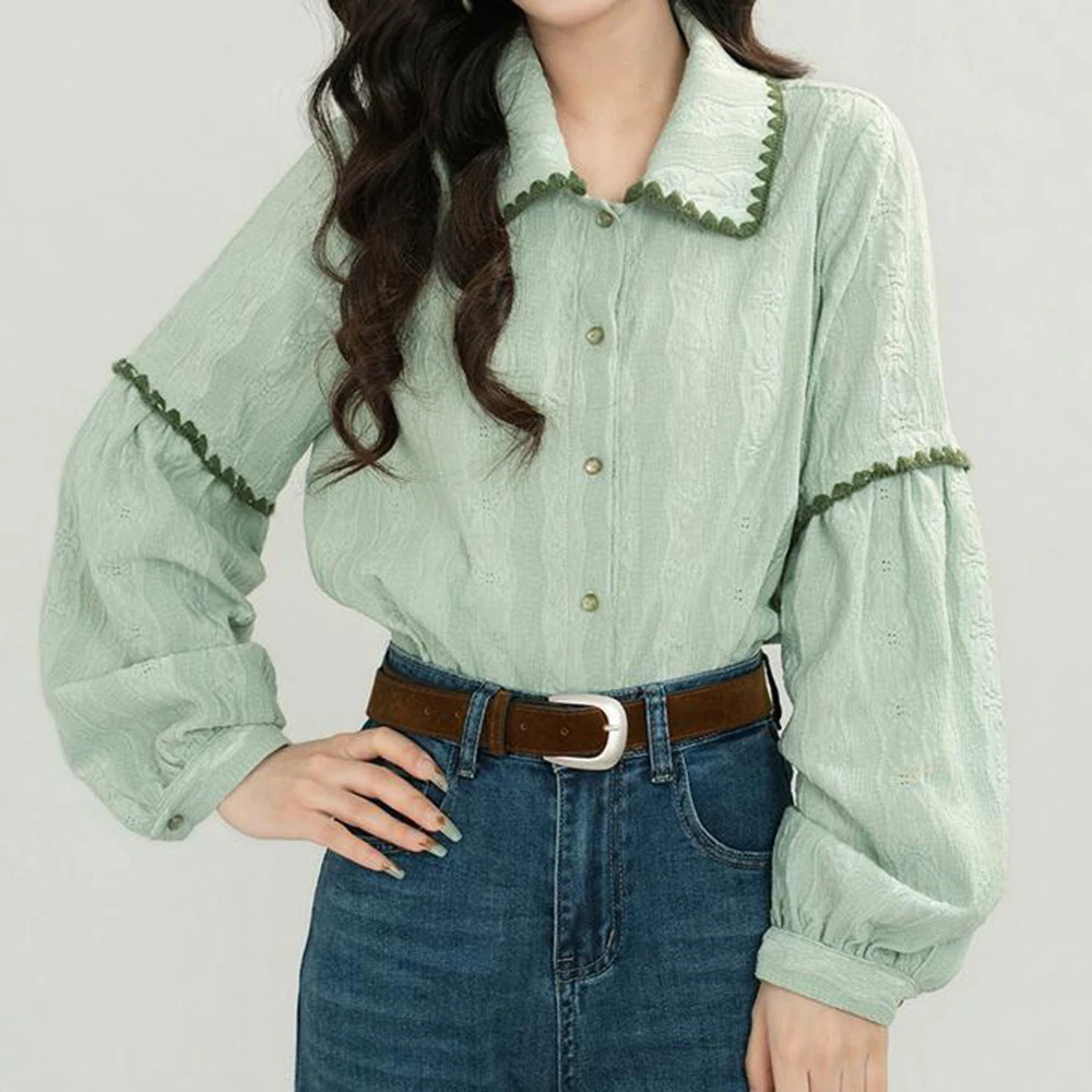 

Retro texture contrasting lantern sleeve shirt women's 2025 new noble high-end petty bourgeoisie small top