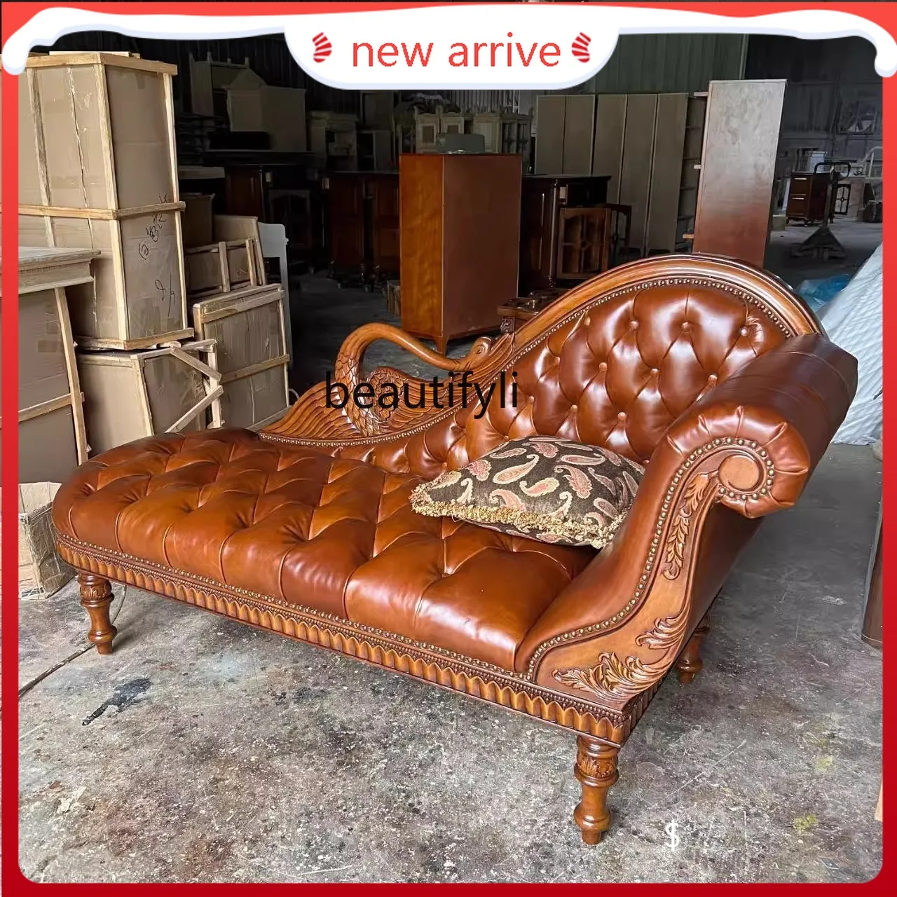 

S132 American solid wood chaise longue leather balcony leisure sofa bedroom recliner European chaise longue