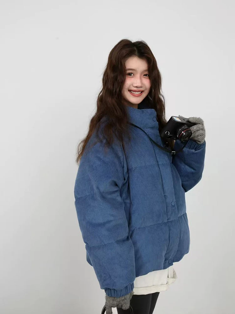 Parkas de pana Vintage para Mujer, abrigos coreanos holgados con cuello levantado, abrigos hinchados cálidos Y2k para invierno, prendas de vestir exteriores cortas con cremallera Preppy gruesas para Mujer
