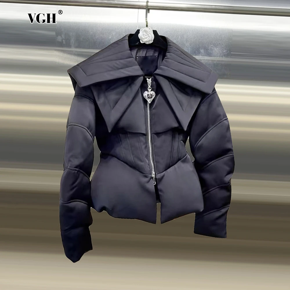 VGH Solid Winter Coat Women Lapel Long Sleeve Spliced Zipper Tunic Irregual Hem Fashion Hotsweet Style Jacket Female Clothes New