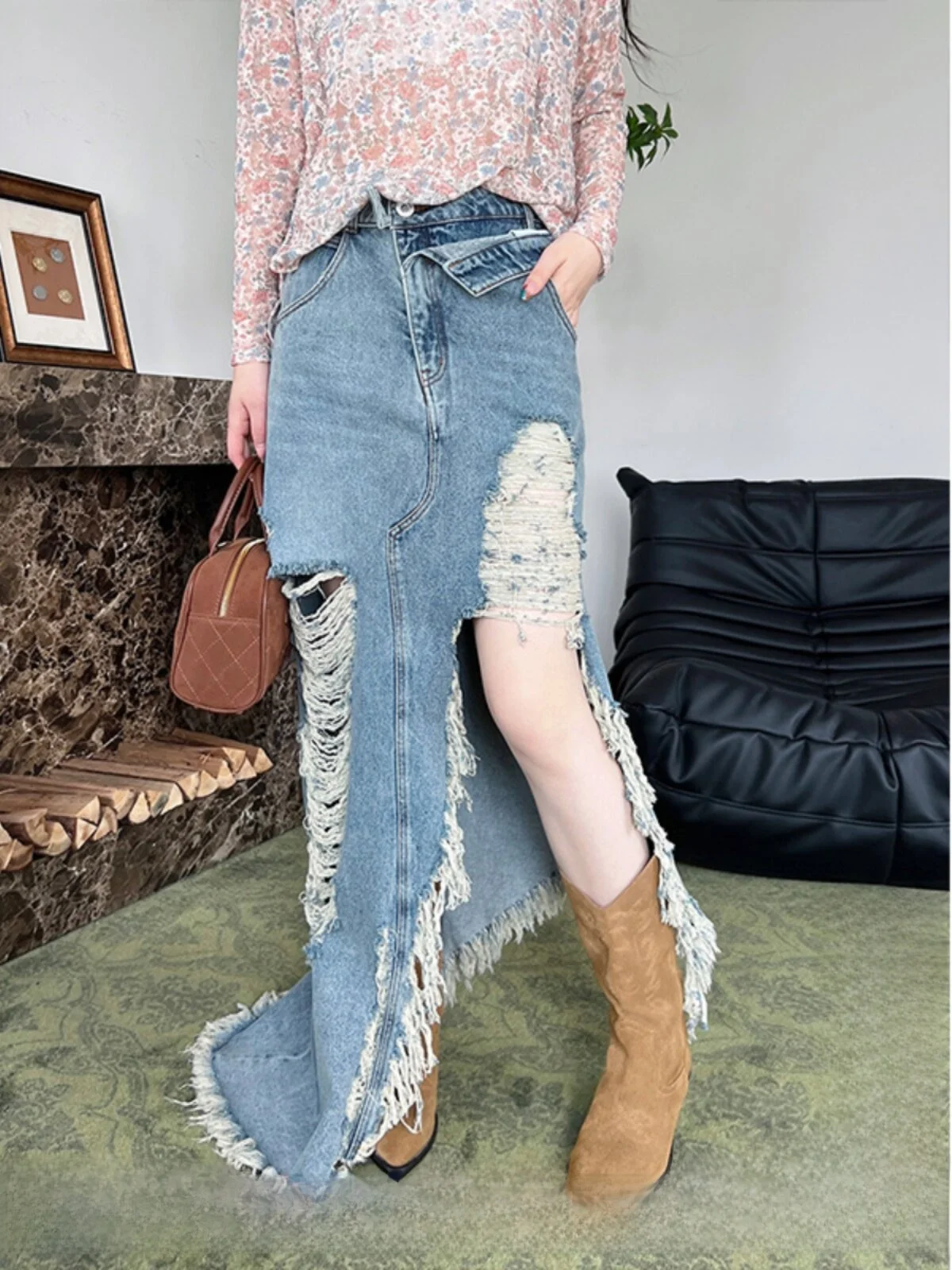 

Джинсовая юбка Brand Waed CPLUS SERIES, миди, А-силуэт, из хлопка, с завышенной талией, для женщин, весенняя коллекция, однотонная