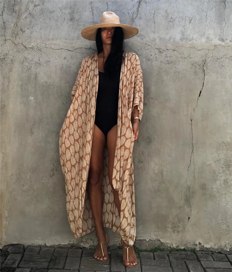 ผู้หญิงขนาดบวกยาวขึ้นปกบิกินี่Coverupsกิโมโนผูกด้านหน้าชุดว่ายน้ําชุดว่ายน้ําB Eachwear