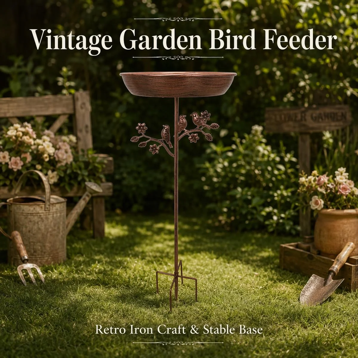 Antique Bronze Iron Bird Feeder, 5-Prong Stable Ground Stake with Bird Flower Branch Decor for Outdoor Garden Wild Bird Watch