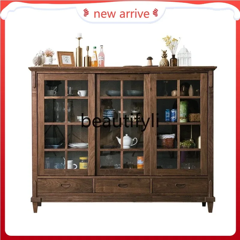 

D2520 Black walnut side cabinet sliding door locker restaurant storage display cabinet all solid wood