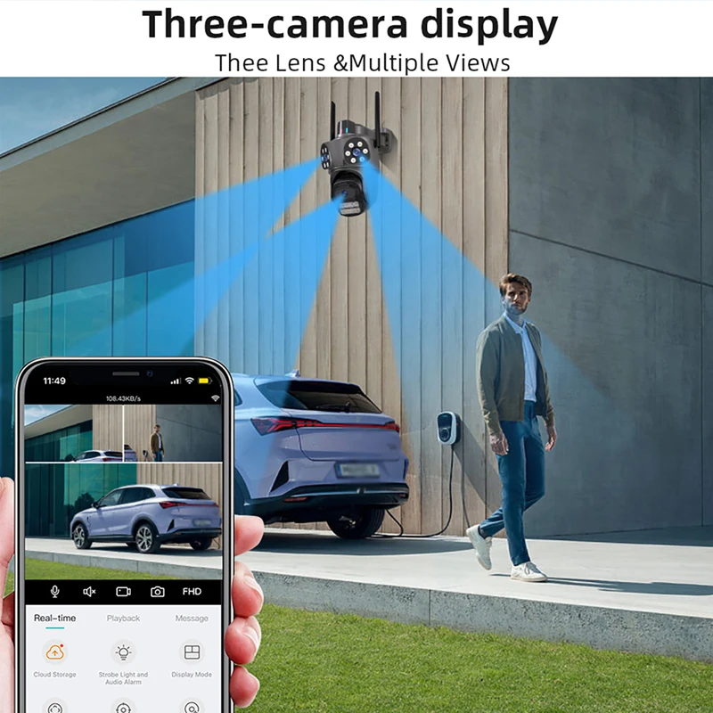 12MP WiFi IP Camera Three Lens Three Screens Outdoor 5x Zoom PTZ Security Protection Auto Tracking CCTV Video Surveillance