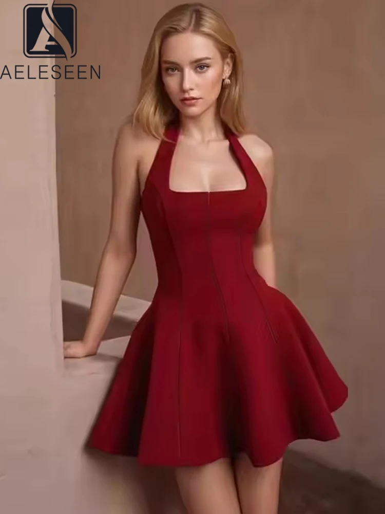 

AELESEEN Runway Fashion Summer Mini Dress Women Sleeveless Halter Solid Backless Red Black Slim HIgh Street Sweet Ladies Female