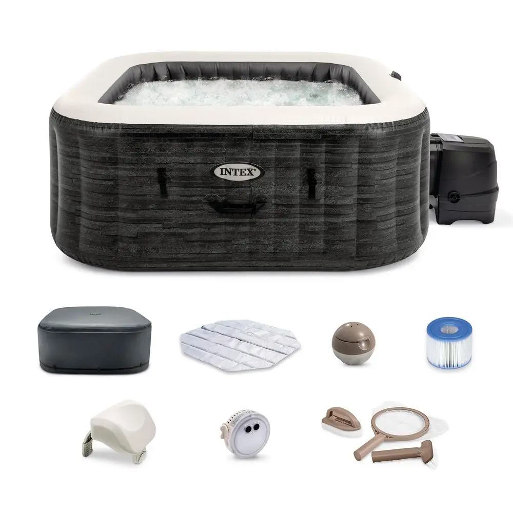 

PureSpa Plus Greystone Inflatable Square Outdoor Hot Tub Spa, 83 x 28 with PureSpa Maintenance Accessory Brush, Skimmer, and Sc