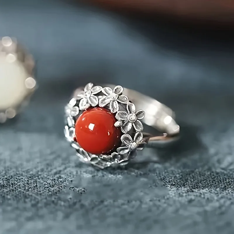 Vintage Ethnic Flowers Set with Imitation Onyx Garnet Ring Women's Elegant Classical Court Style Jewellery Holiday Party Gift image 3