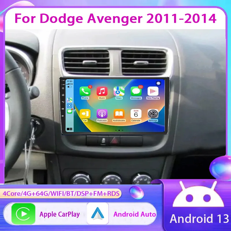 

10" 4+64GB For Dodge Avenger 2011-2014 Car Stereo Radio Apple Carplay Android 13 Head Unit FM BT GPS