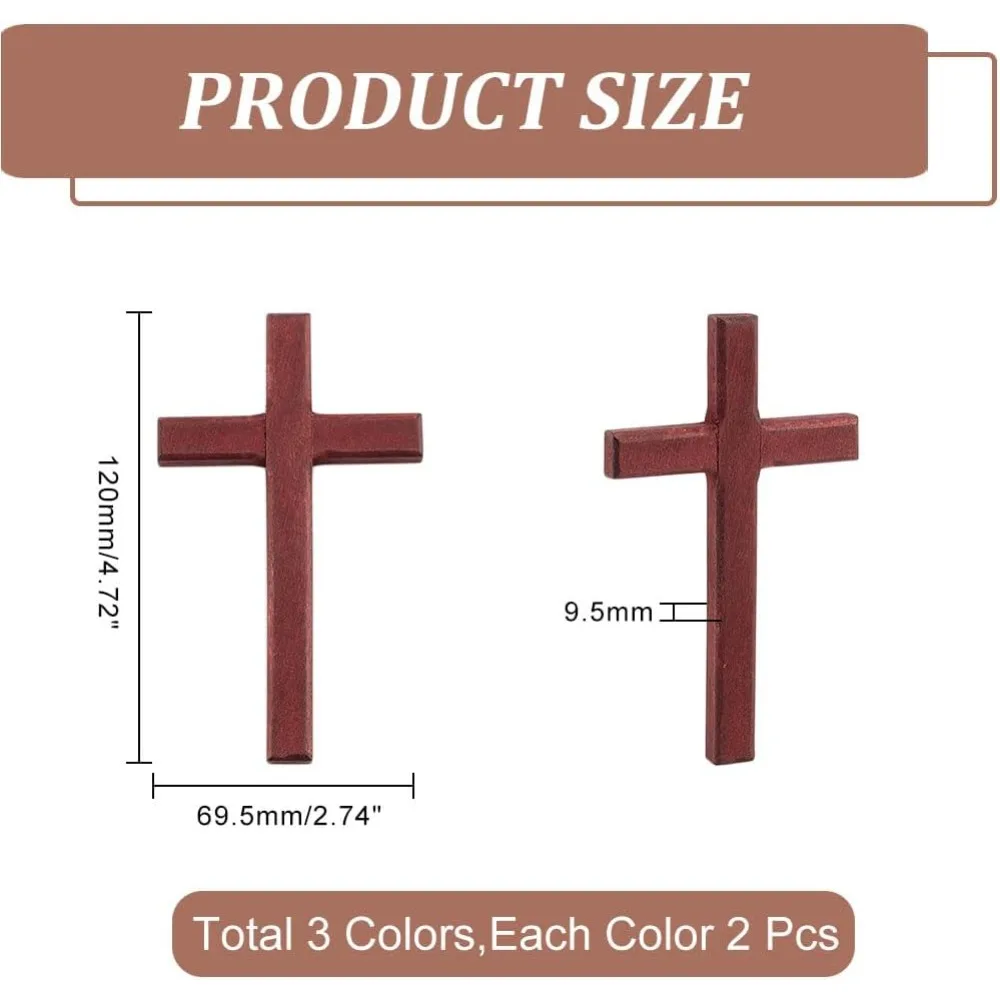 6pcs Wooden Cross, 3 Colors Cross Hand Held Prayer Crosses Wooden Home Decor for Easter Weddings Party Meditation Christmas