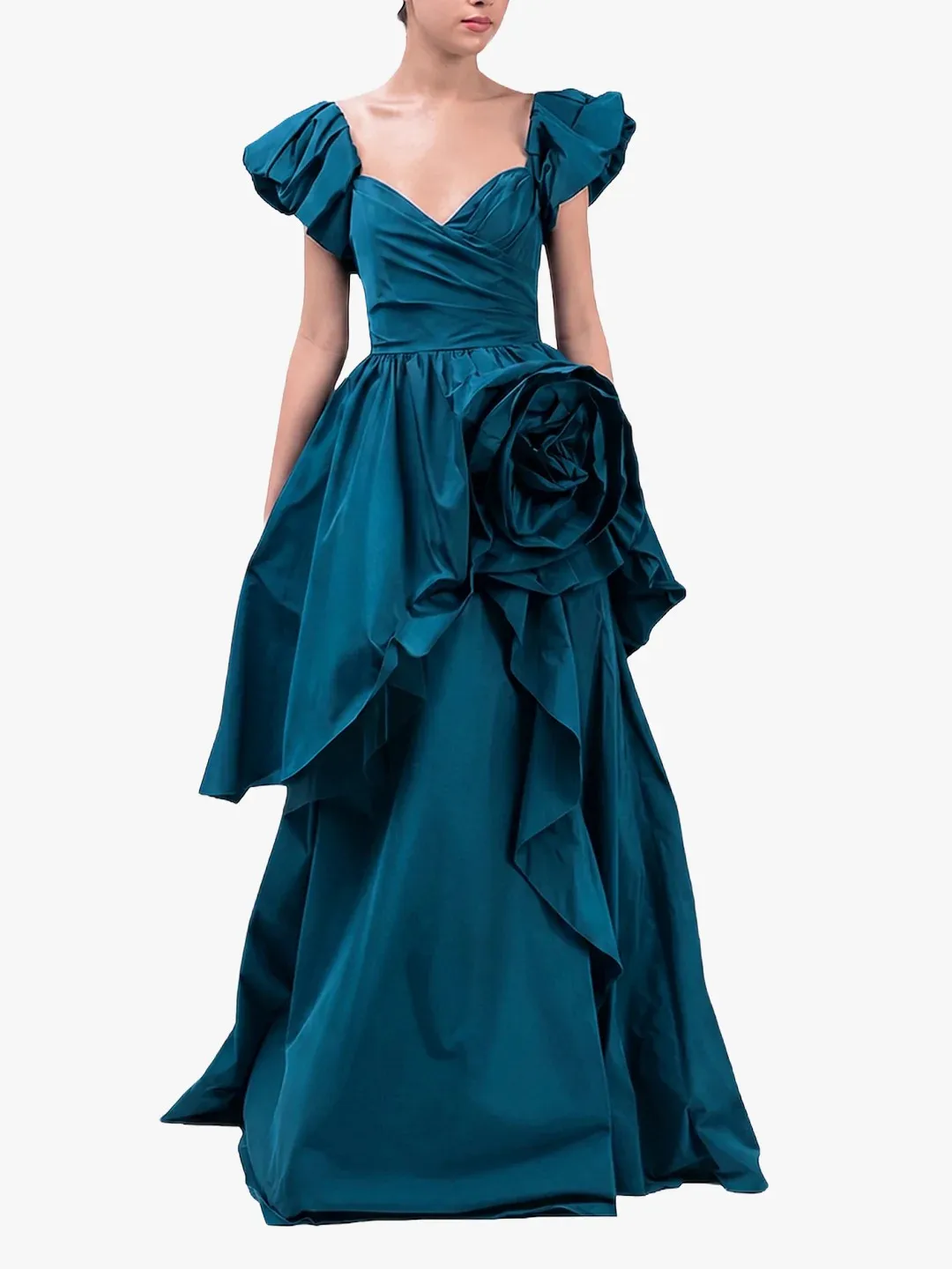 Teal Evening Dresses Elegant Party Dresses 3D Flower Bridesmaid Dress V Neck Puff Sleeve Satin Prom Dresses