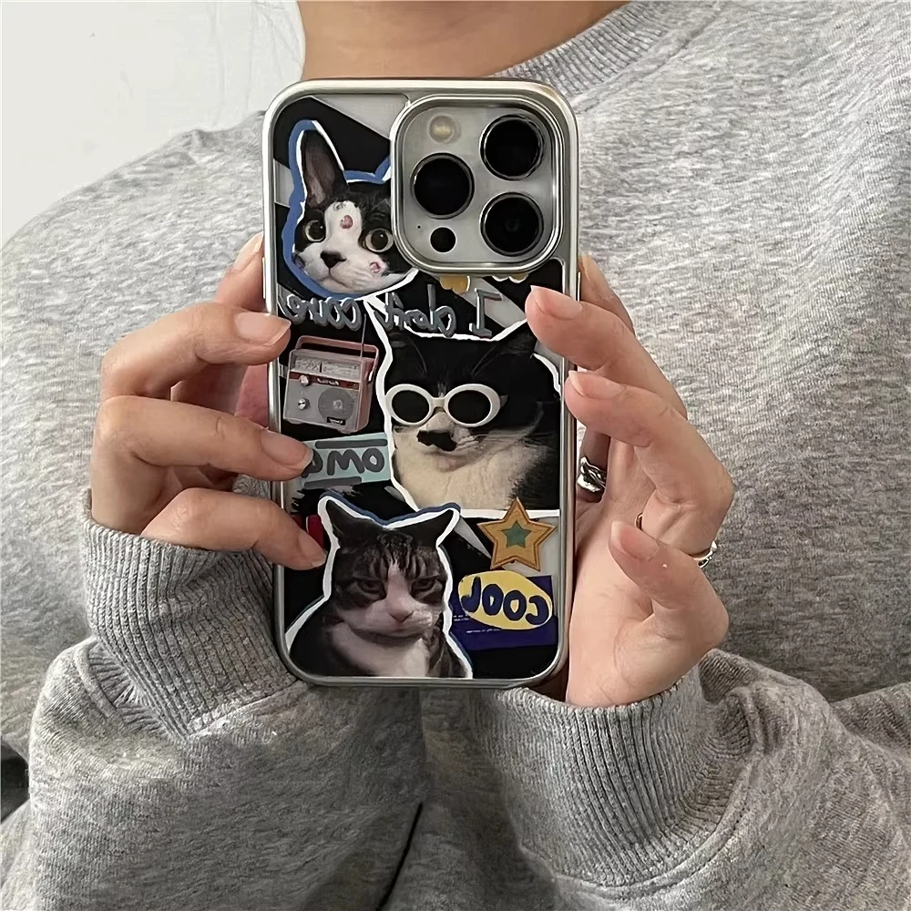 Cute Cool Cartoon Sunglasses Cat Phone Case For iPhone 17 Air 16 E 15 14 13 12 11 Pro Max Plus SE Electroplated Frame Cover