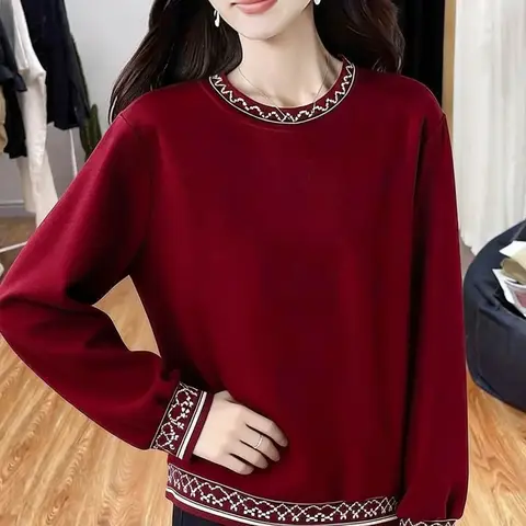 Women Ethnic Trim Sweatshirt Round Neck Solid Color Loose Long Sleeve Casual Soft Pullover Top