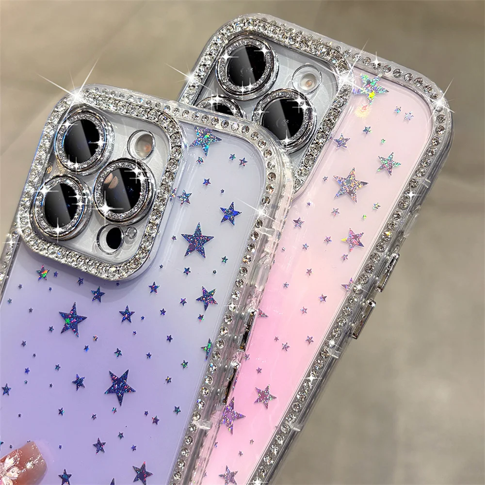 بريق حجر الراين التدرج لون الحلوى واضح قضية الهاتف آيفون 17 16 15 14 13 12 برو ماكس كاميرا حماية غطاء لامع