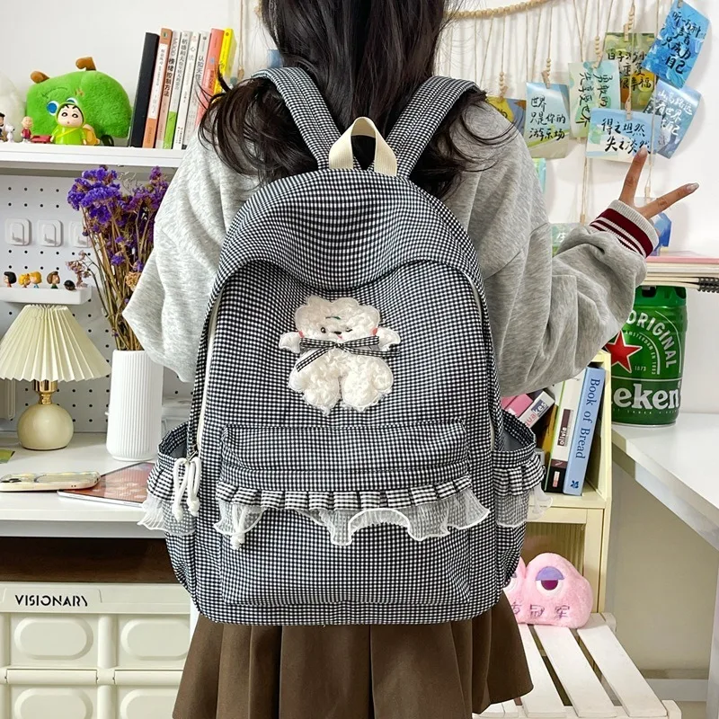 Mori Girl Style Checkered Backpack Sweet Cute Daypack Student Schoolbags Bear Lace Kawaii Backpack Outing Casual Travel Rucksack