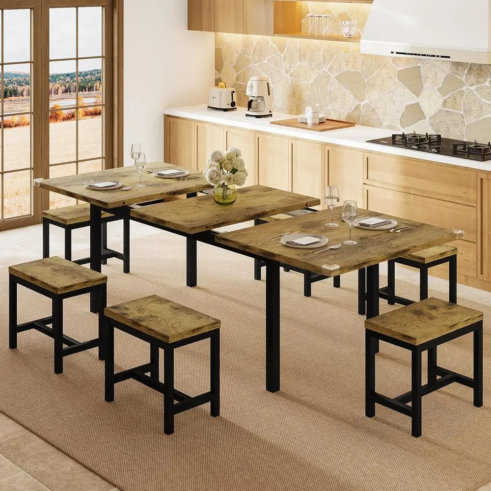 

63 Extendable Dining Table Set with 6 Stools, Modern Metal and MDF Design, Space-Saving, Easy Assembly, Rustic Brown