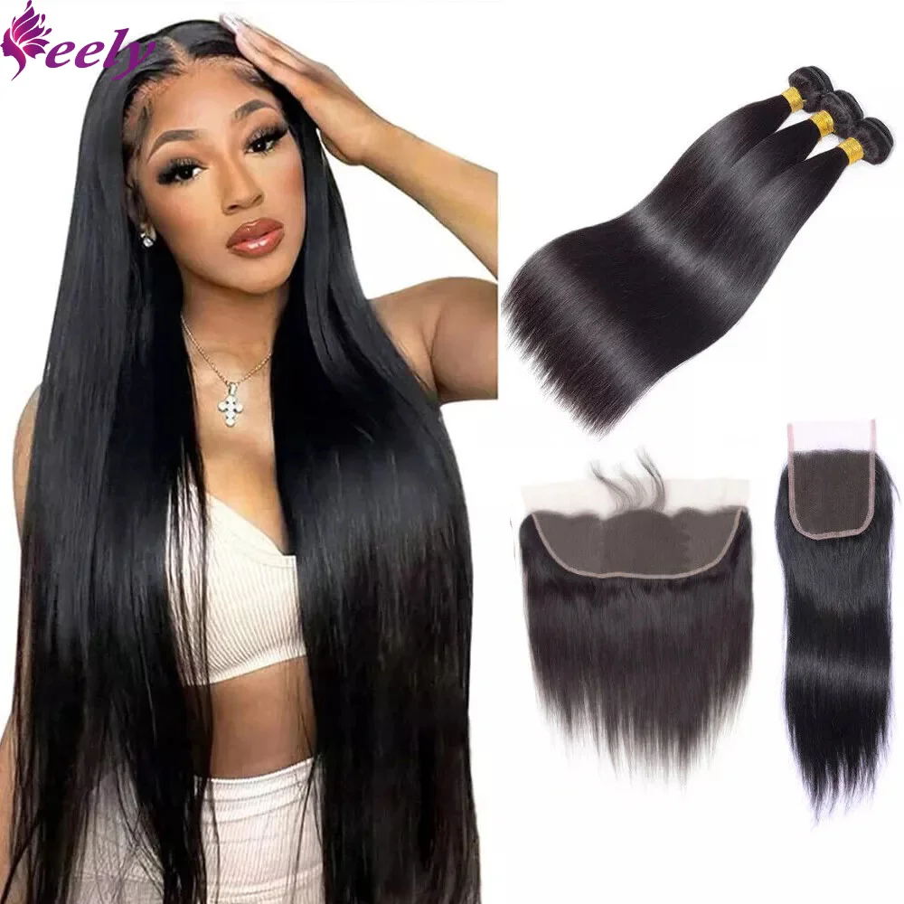 Bundles de cheveux humains raides avec fermeture, document naturel, 100% cheveux humains non transformés, 4x4, 13x4, dentelle, Frmeds Weave Extension, 30 pouces