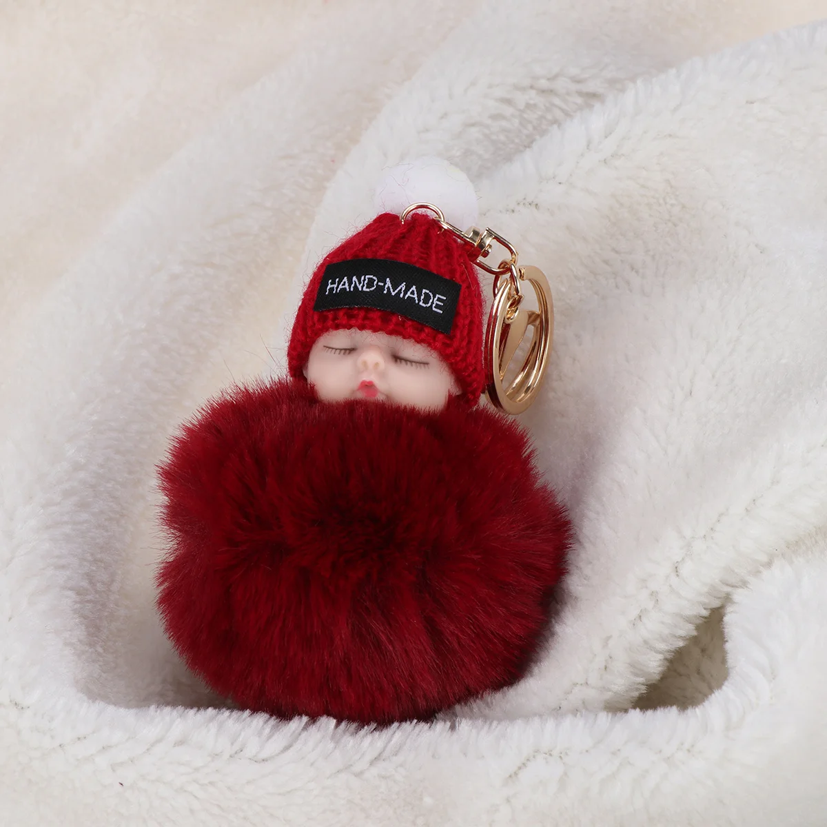 

Sleeping Baby Keychain Pom Pom Wine Red Soft Material Cute Hanging Pendant for Key Organizing and Gift Baby Key Chain