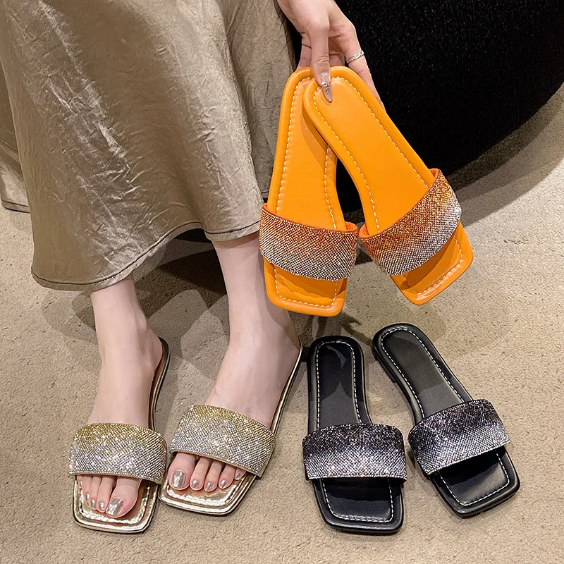 

Large-sized Women's Shoes, Fashionable Rhinestone Gradient Flip-flops,2025 New Square-toed Flat Sandals,Comfortable Flat Sandals