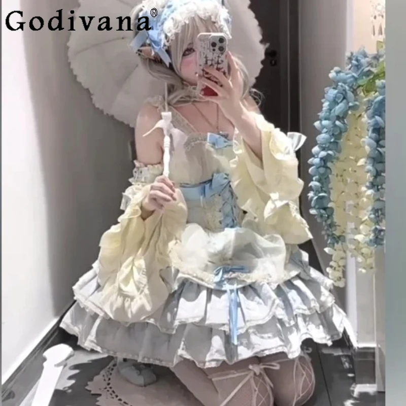 

Sweet Ballet Birthday Princess Lolita Suspender Dress Female Blue High Waist A-line Versatile Age Reduction Fairy Short Dresses