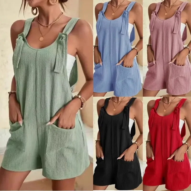 

Women's Casual Summer Short Rompers Fashion Loose Sleeveless Jumpsuit Overalls Solid Casual Daily Basic Jumpsuits with Pockets