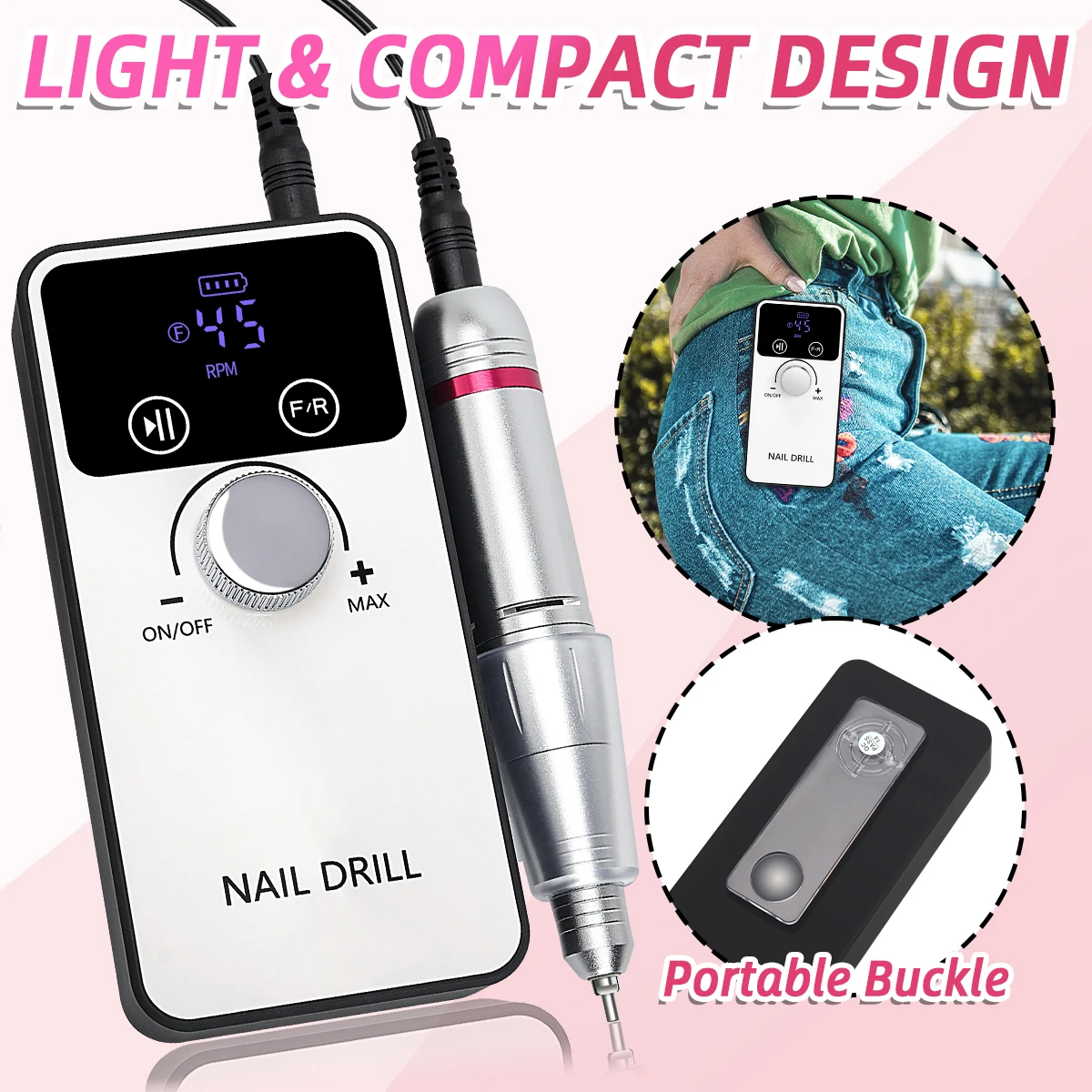 Máquina de Broca para Unhas 45000RPM, Lixadeira de Gel para Unhas Portátil, Torno Elétrico Profissional com Display LCD HD para Cuidados com Manicure