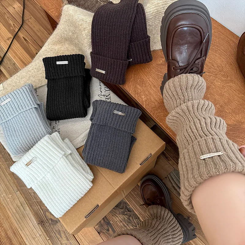 

Kawaii Grey Leg Warmers Arctic Warmth Fleece Stackable Socks with Metal Tag Winter Thick Cuff Over Knee Socks for Girls Gifts