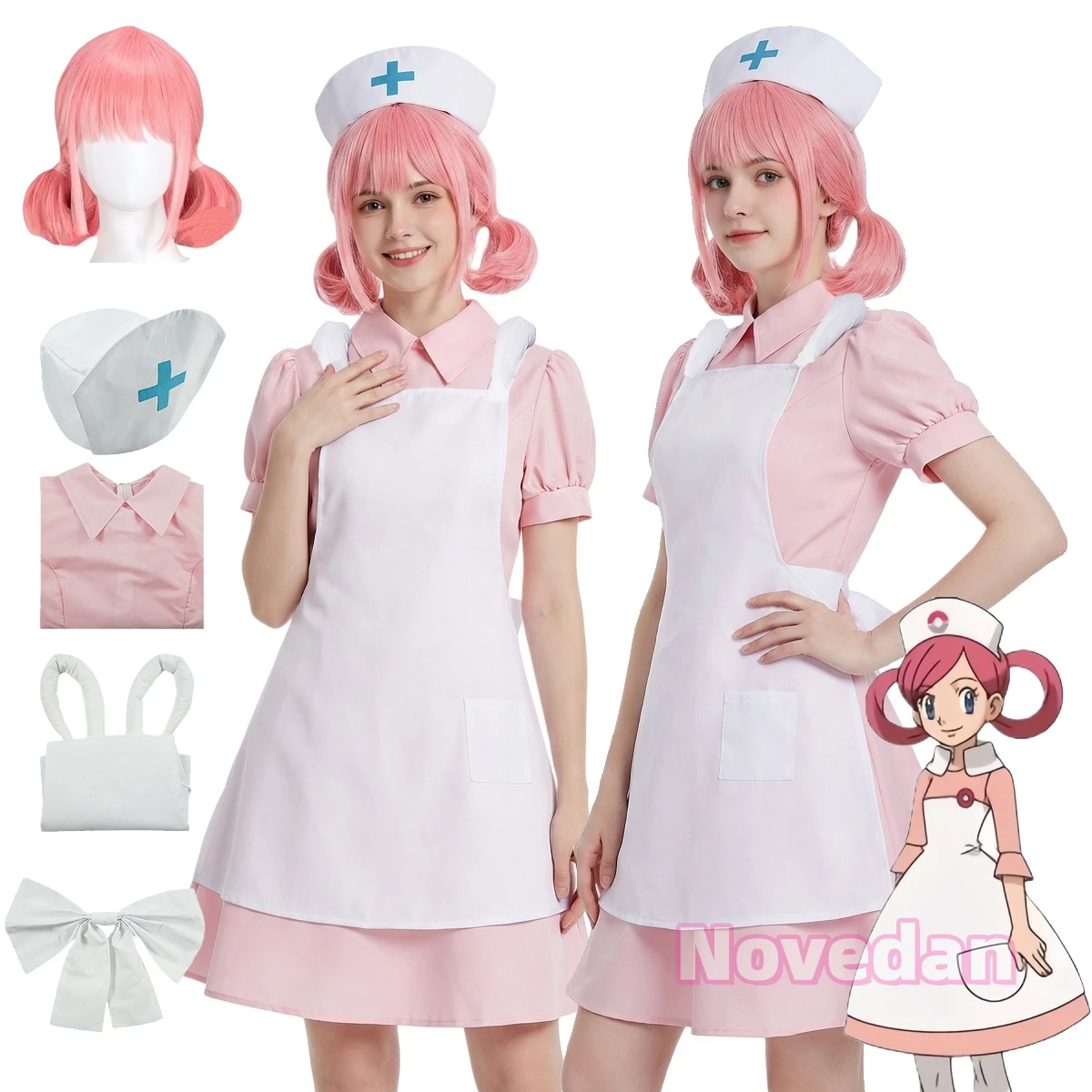 Nurse Joy Cosplay-Kostüm, rosa Uniform, Hut, Perücke, Anime-Spiel, Comic Con, Halloween, Karneval, Party, Kostüm-Outfit für Frauen und Mädchen